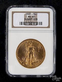 Gold Saint Gaudens twenty dollar coin, 1925, NGC MS-65.