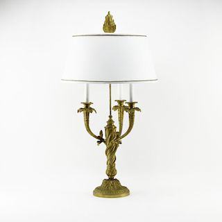 19th Century Louis XV Style Gilt Bronze Three Arm Candelabra Mounted as Lamp. Foliage to arm, twist