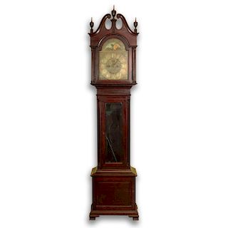 Antique German Grandfather Clock Retailed by Hershede. Mahogany Bonnet Top Case with Urn Finials an