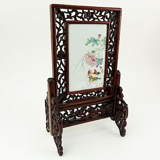 19/20th Century Chinese Hand Painted Porcelain Plaque Mounted in Carved Hardwood Frame As Table Scr