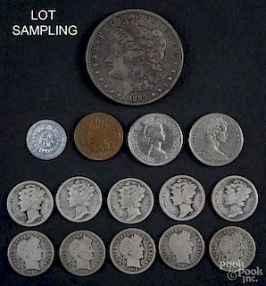 Miscellaneous United States coins, to include approximately $11 in Mercury and Barber dimes, an 1889
