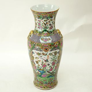 Large Chinese Rose Canton Porcelain Vase with Mock Foo Dog Ring Handles. Enamel and gilt painted pa