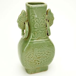 Chinese Yuan Dynasty Celadon Glazed and Incised Ring Handled Vase. Unsigned. Good condition. Measur