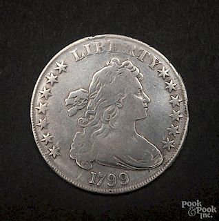 Silver Drape Bust dollar coin, 1799, F-VF.
