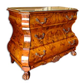 Modern Dutch Style Marquetry Inlaid Chest of Drawers. Total of 3 drawers, brass hardware, fitted gl