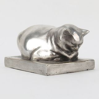 After: Edouard-Marcel Sandoz, Swiss/French (1881-1971) Cat  "Chat Endormi" Silvered Bronze Sculpture. Artist si