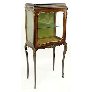 Antique Louis XV Style French Bronze Mounted Marquetry Inlaid Glass Vitrine with Marble Top. Has on