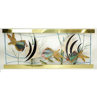Curtis Jere, Chinese/ American (1910 - 2008) Polychrome Metal and Brass "Aquarium" Wall Hanging Scu