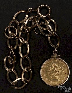 Gold bracelet with a gold Liberty Head two and a half dollar coin, 1861.