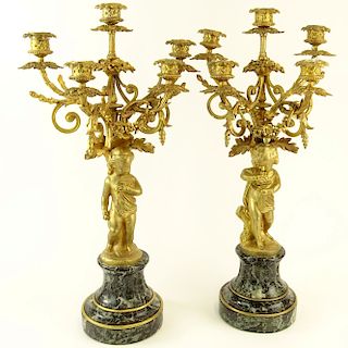 Early 20th Century Gilt Metal and Serpentine Marble Five Light Candelabra. Unsigned. Good condition