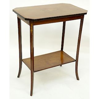 19th Century Sheraton Style Side Table. Center shell motif inlay with two tone gallery. Scuffs and 