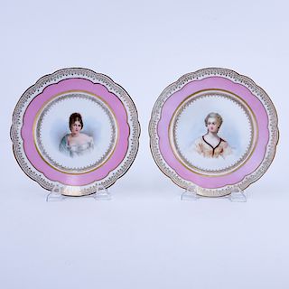 Pair of 19/20th Century Sevres Porcelain Cabinet Plates, Chateau de Tuileries Rose Pompadour and Gi