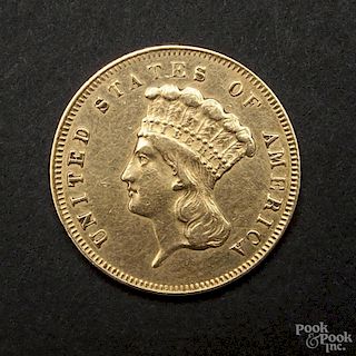 Gold Indian Princess three dollar coin, 1857, XF-AU.