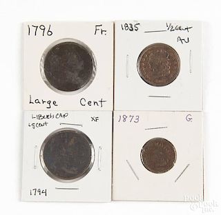 Four early copper coins, to include an 1835 half cent, a 1796 large cent, a 1794 large cent, and an