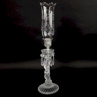 Baccarat Figural Candlestick With Prisms and Etched Hurricane Shade. Signed. Chips on prisms or in 