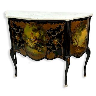 20th Century Louis XV Style and Vernis Martin Style Black Lacquer and Gilt Marble Top Commode. Two 