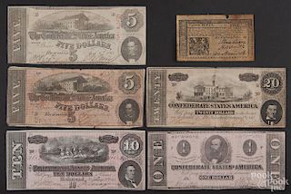 Confederate notes, to include a one dollar note in very good condition, a twenty dollar note in very