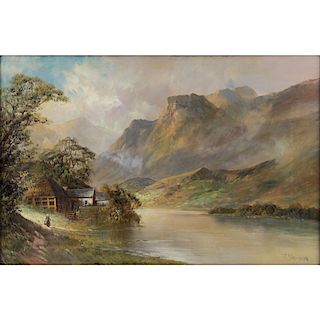 Frank Jameson, British (1898-1968) oil on canvas "Cottage By A Mountain Lake" Signed lower right, o