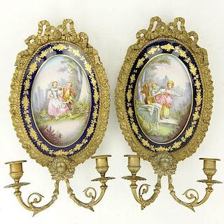 Pair French Sevres Style Gilt Bronze And Hand painted Porcelain Two Light Sconces. Unsigned. Good c