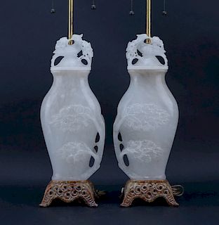 Pair Marbro Chinese Style Carved Alabaster Lamps. In the form of large lidded urns. Unsigned. Good 