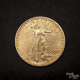 Gold Saint Gaudens twenty dollar coin, 1908, with motto, AU-UNC.