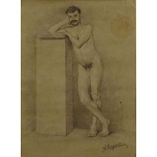 19th Century Pencil Drawing On Paper "Male Nude" Bears signature A. Magnini. Small stain, pin hole 