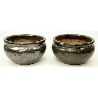 Pair of Large Glazed Pottery Jardinieres. Natural wear, rubbing. Measures 13" H x 22-1/2" W. Shippi