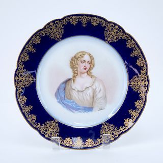 19/20th Century Sevres Portrait Plate. Painted with a bust-length portrait of Mme de Lavalliere. Co