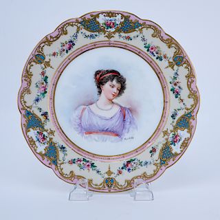 19/20th Century Sevres Portrait Plate. Painted with a bust-length portrait of young woman. Gold and