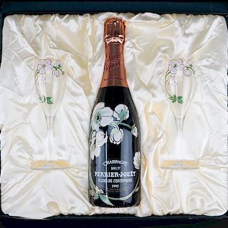 Circa 1995 Perrier Jouet Champagne Bottle in Original Display Box. Includes two glasses with unopen