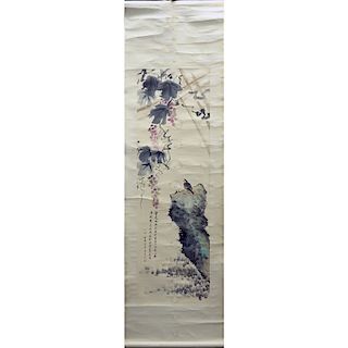 19/20th Century Chinese Watercolor on Paper Scroll. Signed. Toning and stains. Measures 90" H x 24-