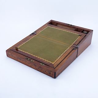 Antique English Writing Box. This box features burled wood with inlaid marquetry and mother of pear