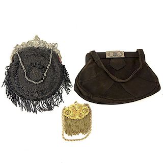 Grouping of Three (3) Antique or Vintage Ladies' Purses. Includes: brown suede purse with art deco 