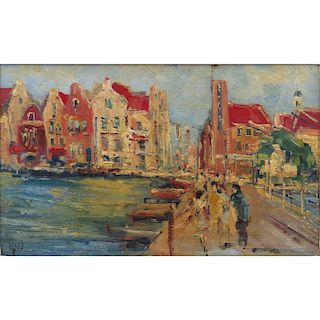 20th Century French School Impressionist Style Oil On Panel "French Port". Signed lower right. Good