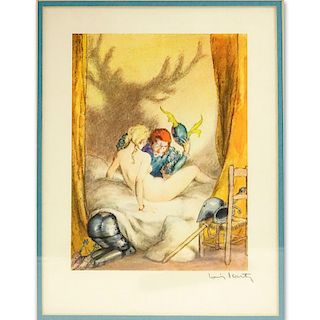 Attributed to: Louis Icart, French (1888-1950) Erotic Color Etching, Knight Under the Bed. Signed l