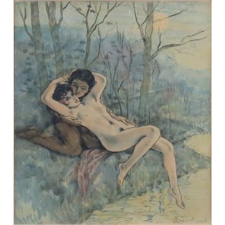Edouard Chimot, French (1880-1959) Colored engraving "Lovers". Toning from age or in good condition