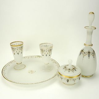 Five (5) Pieces Antique Opaline Glass Tabletop Items. Includes a round tray 12-1/2" dia (small edge