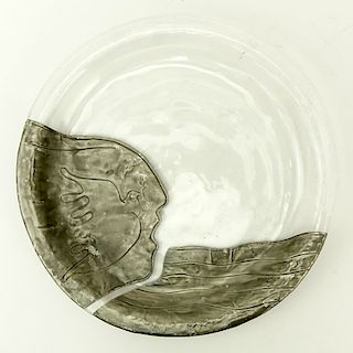Vintage Clear Art Glass Plate With Pewter Overlay. Decorated with a "Dove Of Peace" Design. Initial