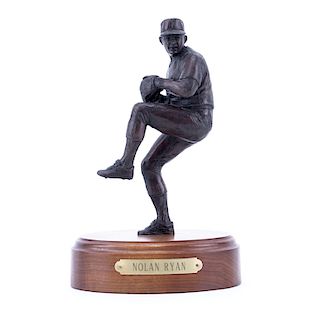 A Bronze Sculpture of Nolan Ryan Mounted on Wooden Base by Southland Art Castings. Includes origina