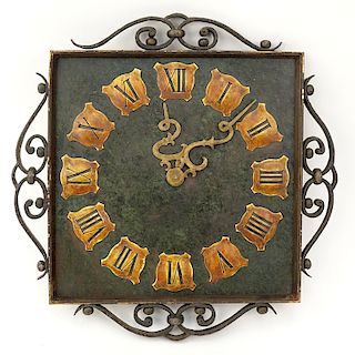 Vintage Wrought Iron Wall Clock. Roman numeral display with decorative hands. Unsigned. Rubbing and