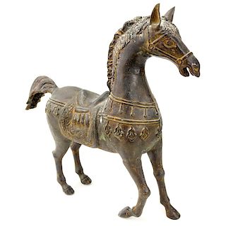 Vintage Spelter Roman Horse Figurine. Unsigned. Wear, oxidation. Measures 15-3/4" H. Shipping $78.0