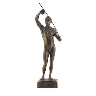 Oskar Bodin, German (1868-1940) "Model of a Fencer" Bronze Sculpture on Marble Base. Signed on unde
