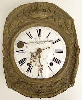 18/19th Century French Morbier Clock also Known as a Wag on the Wall Clock. Enamel Dial Signed Fous