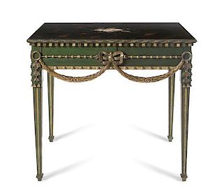 An Italian Neoclassical Painted and Parcel Gilt Side Table, Height 30 7/8 x width 35 1/4 x depth 24 inches.