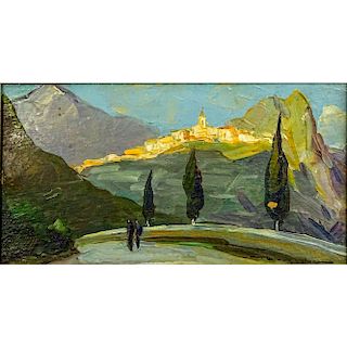 Elie Bernadac, French  (1913 - 1999) Oil on cardboard "Mountain Village" Signed lower right. Inscri