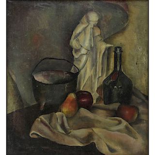 20th Century Oil on Canvas "Anglican Still Life". Inscribed verso "Marshall" Brass tag on front wit