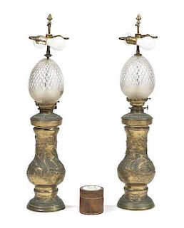 A Pair of Chinese Brass Fluid Lamps, Height 18 1/4 inches.