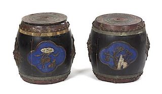 A Pair of Chinese Wood Barrel-Form Containers, Height 15 1/2 inches.