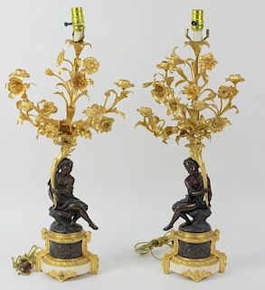 Italian Dore Bronze & Marble Maiden Table Lamps