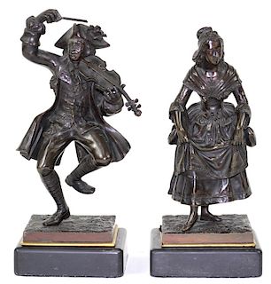 Pair of French Bronze Male & Female Jester Figures